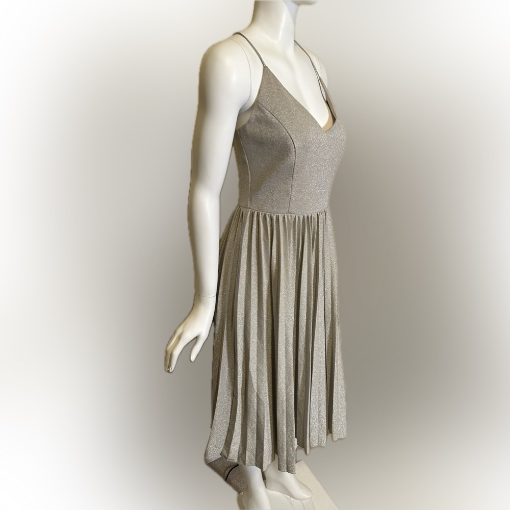 Anthropologie Elevenses Lunar Pleated Midi Dress Gold Sparkle Metallic Size 6 - Picture 2 of 13